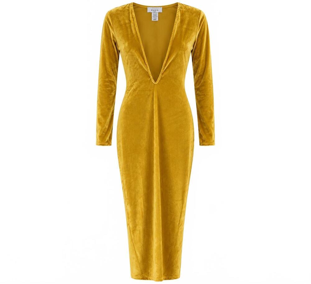 NEW MAGIA women's velvet v-neck bodycon dress in gold